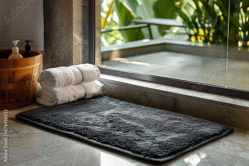 Absorbent bath mat with quickdry technology, placed beside a shower door, highlighting practicality and efficiency. photo