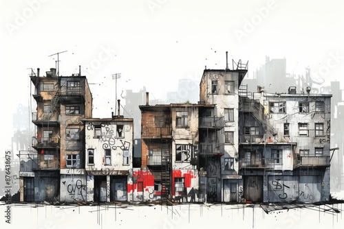 A rundown apartment building with boarded-up windows and graffiti tags, symbolizing the harsh reality of life in the inner city