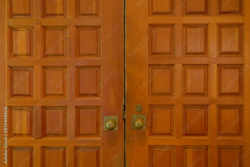 Fototapeta premium Vintage Wooden Double Front Doors With Intricate Square Panel Designs And Brass Knobs