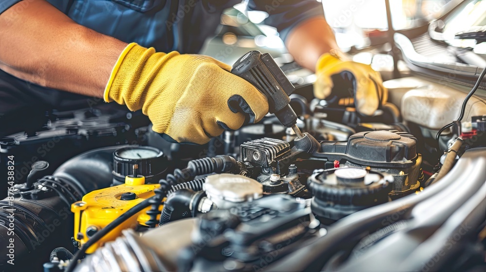A mechanic works with the engine of a vehicle. The concept of precision and experience: the technician thoroughly inspects, diagnoses faults, inspects or repairs the car. Illustration for design. A mechanic works with the engine of a vehicle. The concept of precision and experience: the technician thoroughly inspects, diagnoses faults, inspects or repairs the car. Illustration for design.