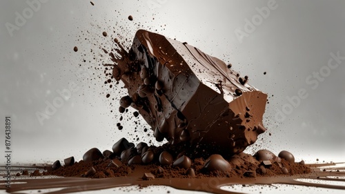 Chocolate white background fall black falling space isolated splash dust mountain cliff flying. Chocolate boulder texture rock abstract broken powder white dirt blast float burst fantasy surface.