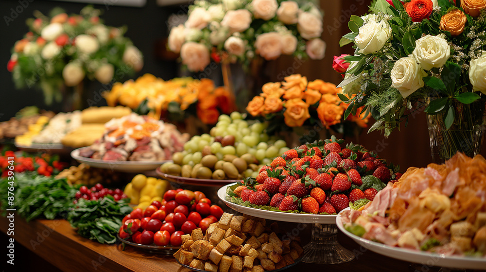 the fruit and different dishes placed on the wedding table near ther huge white bouquet. the fruit and different dishes placed on the wedding table near ther huge white bouquet.