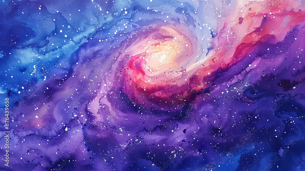 Fototapeta premium Abstract Watercolor Galaxy Background, Purple Blue Pink Nebula Space Art Print, Cosmic Swirl Painting, Universe Wall Decor, Night Sky Stars Image