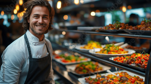 Portrait of chef team smiling in commercial kitchen