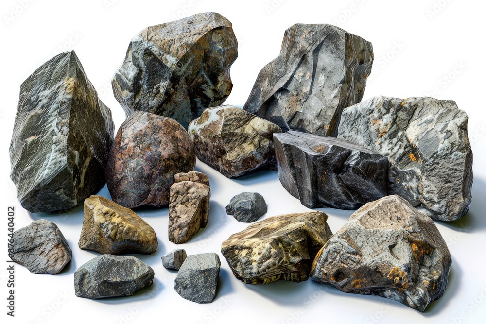 A close-up view of a pile of rocks and stones on a white surface A close-up view of a pile of rocks and stones on a white surface