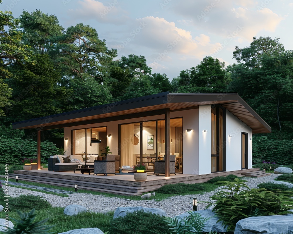Modern dwelling with white walls and dark wood cladding set in serene natural environment Modern dwelling with white walls and dark wood cladding set in serene natural environment