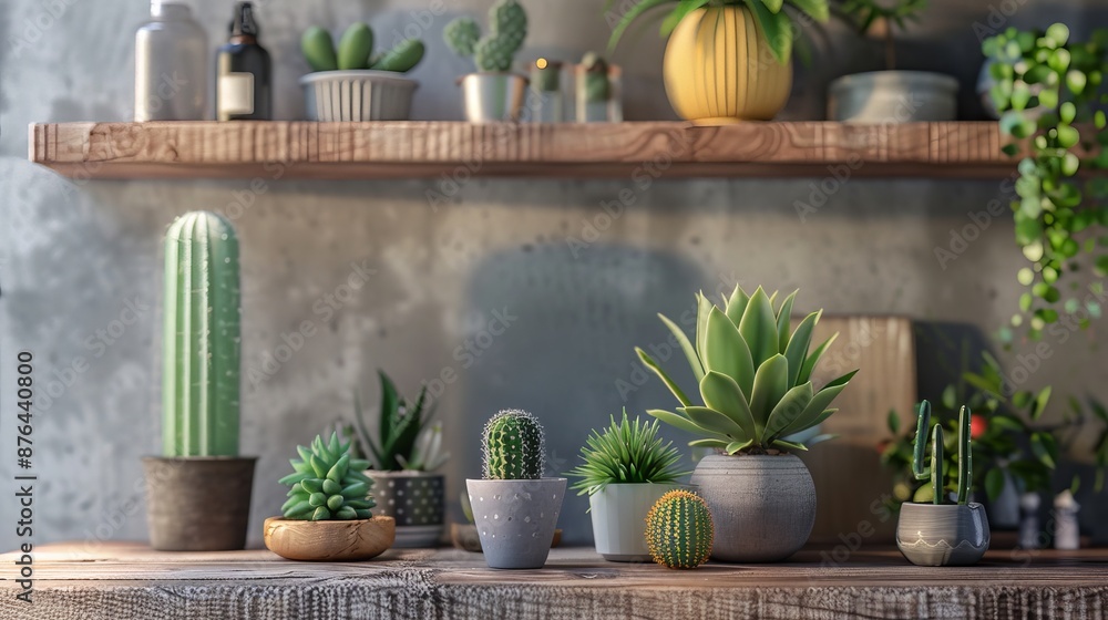 A nice-looking home with a cactus and some plants on a shelf made of wood. A nice-looking home with a cactus and some plants on a shelf made of wood.