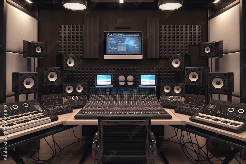 A studio with a large sound board and many speakers A studio with a large sound board and many speakers
