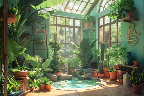 A green room with a lot of plants and a small pool photo
