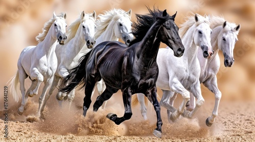 A striking photo of a black horse running amidst a group of white horses, all galloping in unison on a sandy terrain. © weerasak