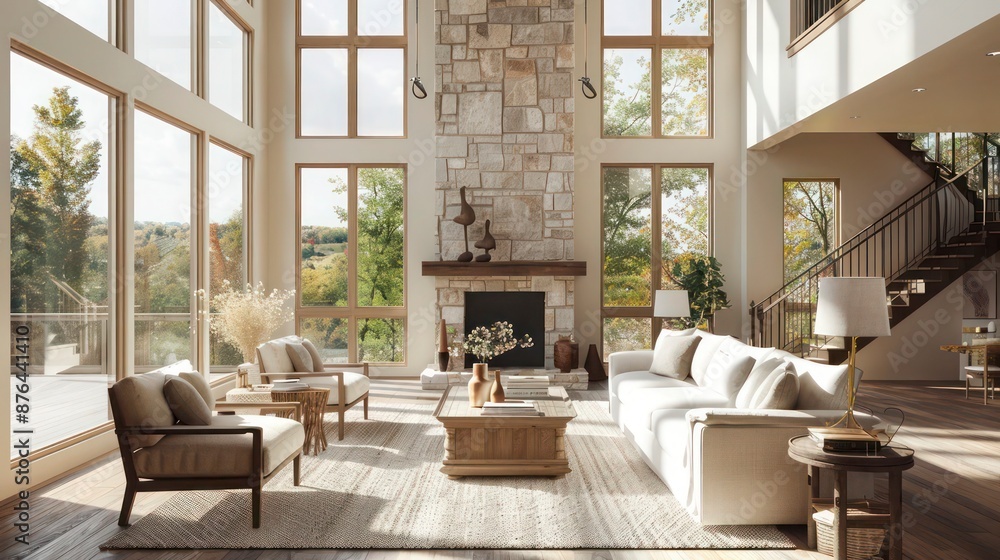 A cozy living room featuring a stone fireplace with a wooden mantel, complemented by a staircase and wooden flooring. A cozy living room featuring a stone fireplace with a wooden mantel, complemented by a staircase and wooden flooring.