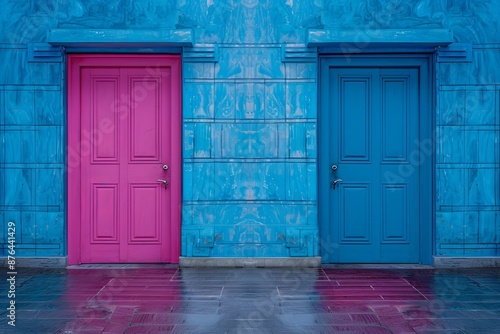 Blue and pink doors against a blue background, reflecting the concept of choice, contrast, gender difference