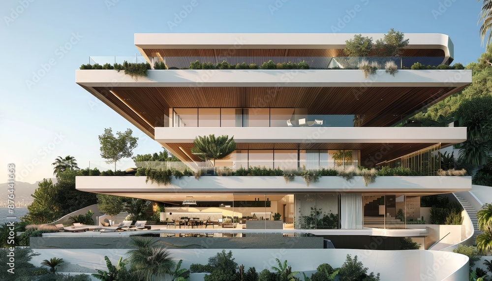 Fototapeta premium Contemporary residence white walls, dark wood accents, set amidst serene nature