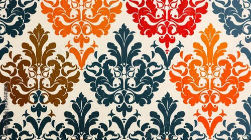A modern damask pattern with bold colors and contemporary twists, perfect for a stylish touch.