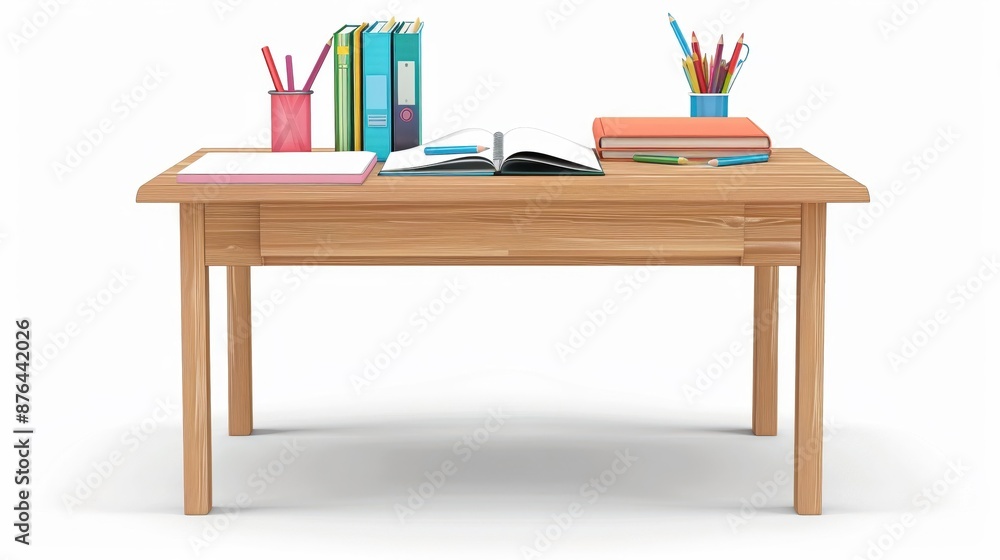 a school desk with notebooks and pencils, classroom setup, realistic illustration, isolated on white background a school desk with notebooks and pencils, classroom setup, realistic illustration, isolated on white background