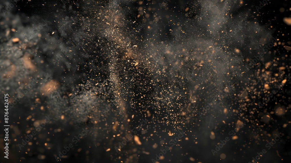 Dust and wood chips scattered against a black background, with dirt particles floating in the air. Dust and wood chips scattered against a black background, with dirt particles floating in the air.