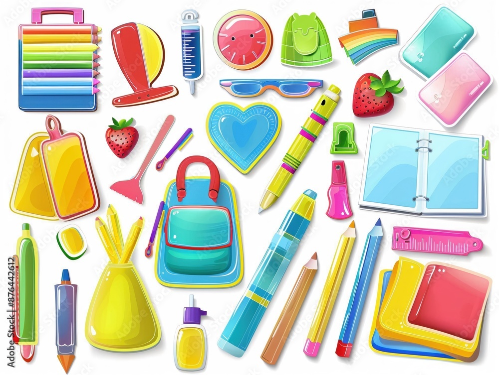 a variety of school stickers and labels, decorative supplies, photorealistic, colorful, isolated on white background a variety of school stickers and labels, decorative supplies, photorealistic, colorful, isolated on white background