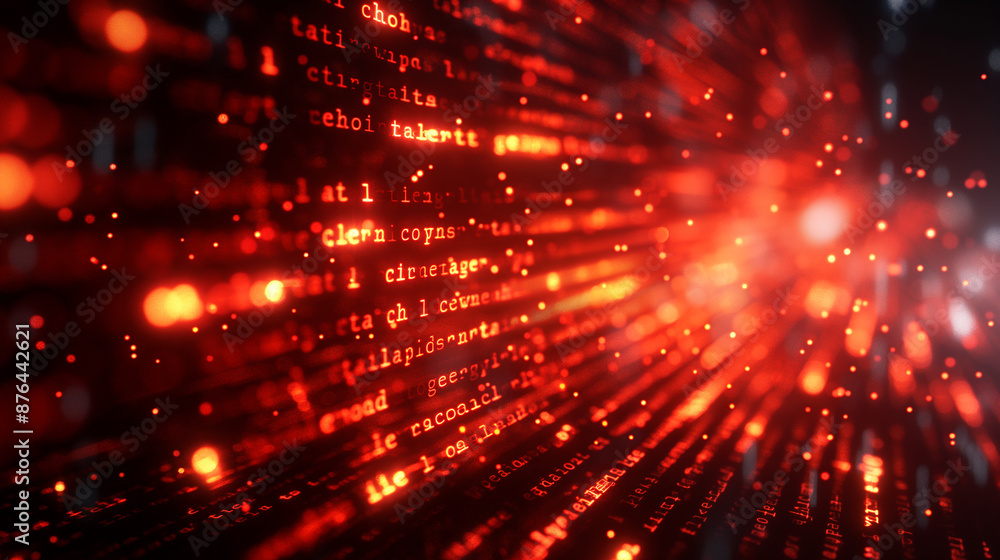 Red glowing technology with data code in a digital cyber network light and matrix background Red glowing technology with data code in a digital cyber network light and matrix background