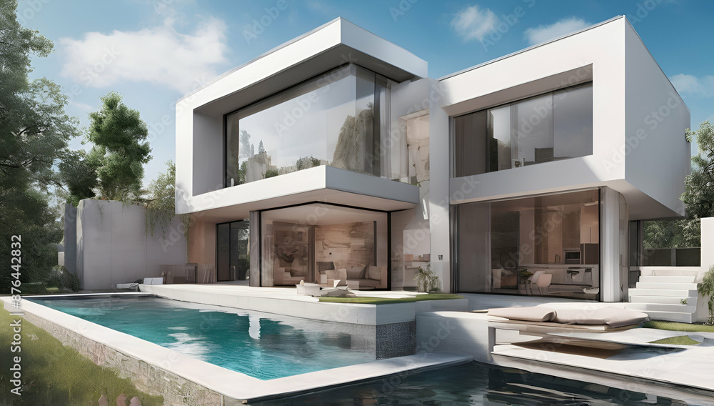 view of a modern villa and a luxurious infinity pool with a sunset reflection, residential architecture, Generative AI
view of a modern villa and a luxurious infinity pool with a sunset reflection, residential architecture, Generative AI