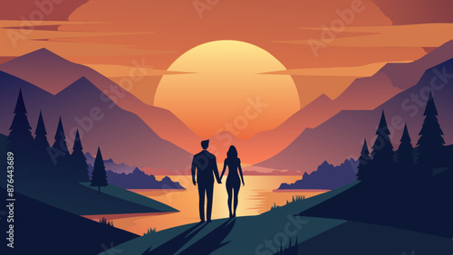 Romantic Silhouette Two Lovers Holding Hands with Sun and Landscape