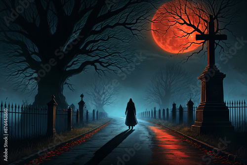 Wallpaper Mural Solitary figure walking down a road at night, with a large red moon looming above and a graveyard on the right side of the road. Torontodigital.ca
