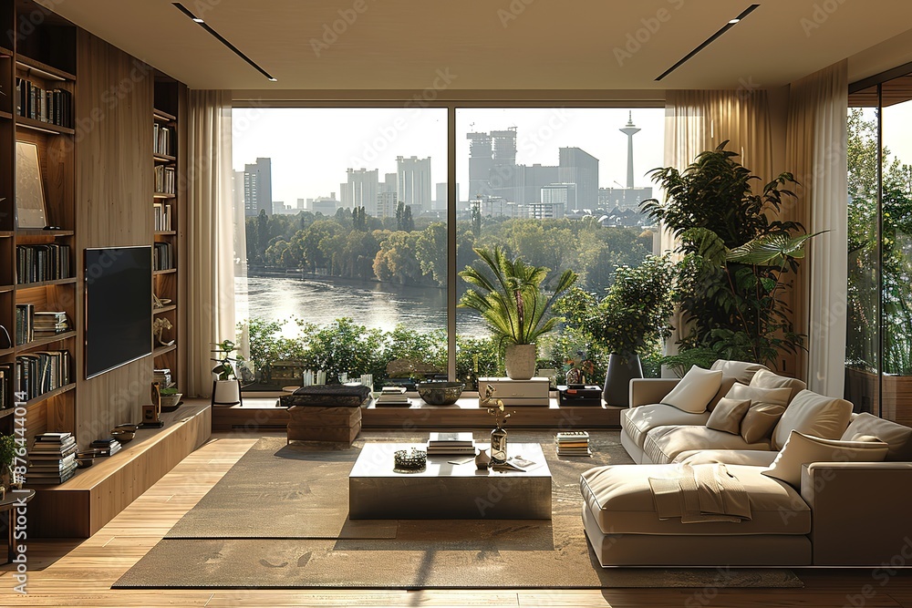 Fototapeta premium A large living room with a view of the city and a river