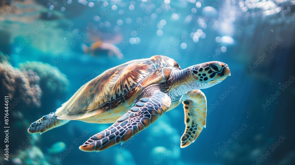 Fototapeta premium A sea turtle gracefully swimming in the blue waters