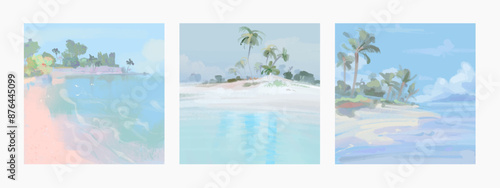 Set of beautiful summer tropical beach sea resort landscape background design template for poster, flyer, web banner, cover, booklets and greeting card. Vector illustration