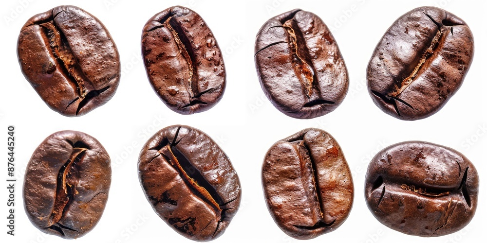 A close-up view of a group of coffee beans on a white surface, perfect for use in food or beverage-related contexts A close-up view of a group of coffee beans on a white surface, perfect for use in food or beverage-related contexts