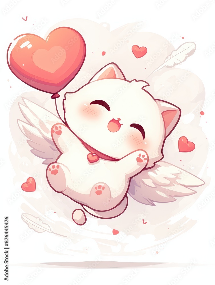 Adorable winged cat floats with heart-shaped balloon in a cloudy sky Adorable winged cat floats with heart-shaped balloon in a cloudy sky