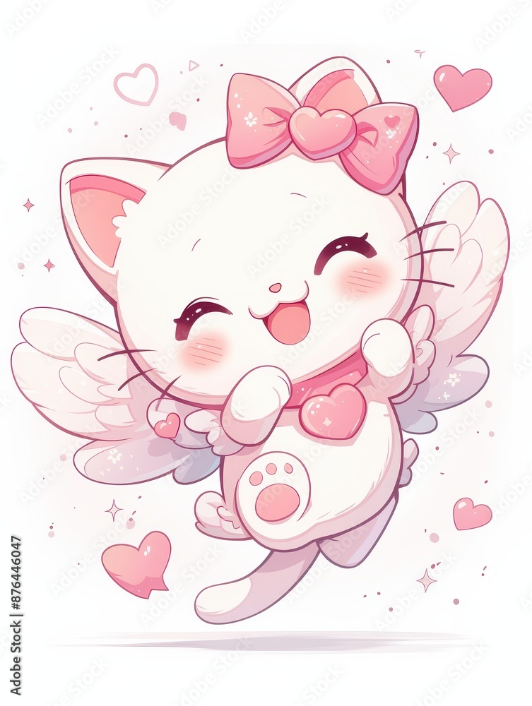 Adorable Kawaii Cat with Heart-Shaped Wings and Bow Adorable Kawaii Cat with Heart-Shaped Wings and Bow