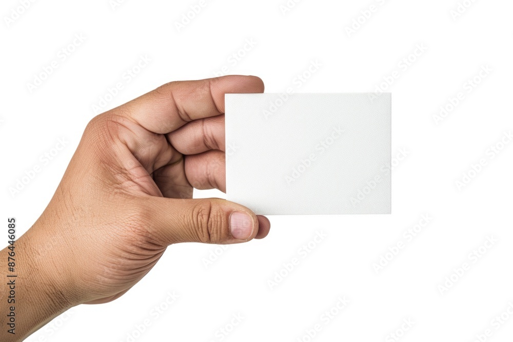 A person holding a white business card, suitable for corporate or professional use A person holding a white business card, suitable for corporate or professional use