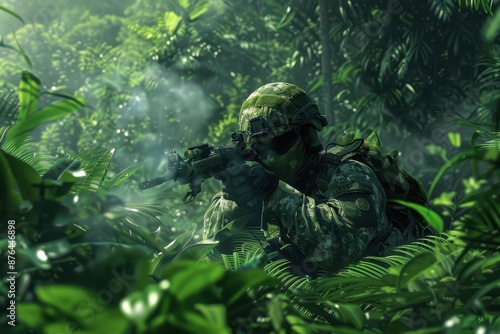 Fototapeta Naklejka Na Ścianę i Meble -  A camouflaged soldier with tactical gear aiming his rifle in the dense jungle