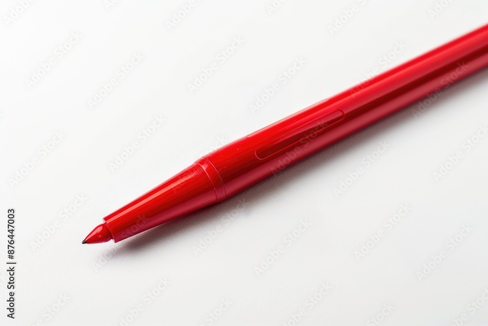 A single red pen resting on a white surface, ready for use A single red pen resting on a white surface, ready for use