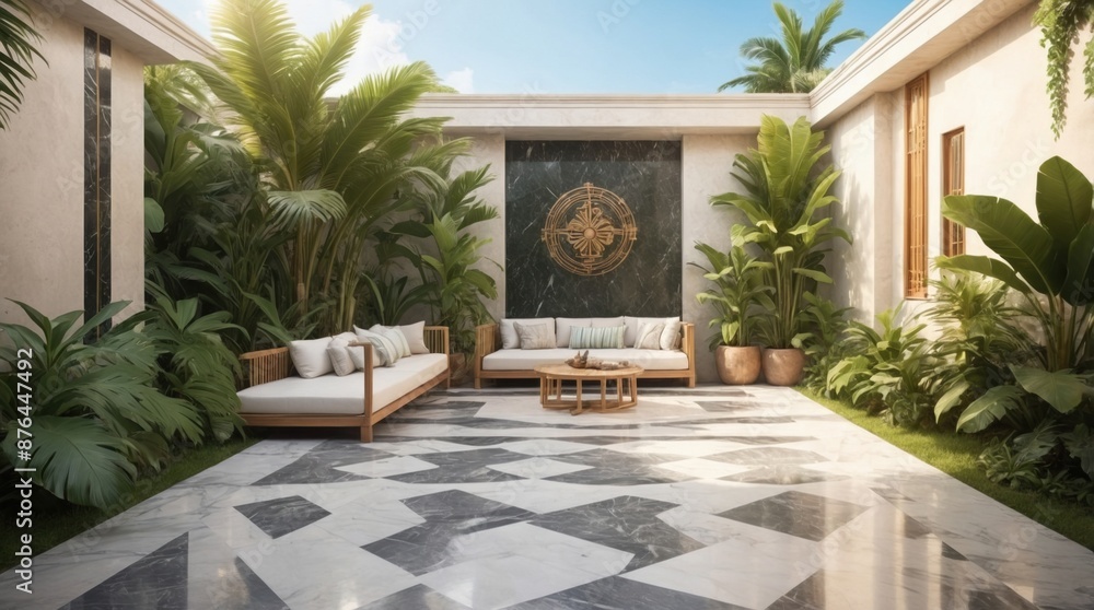 Fototapeta premium Luxury marble terrace around green exotic plants