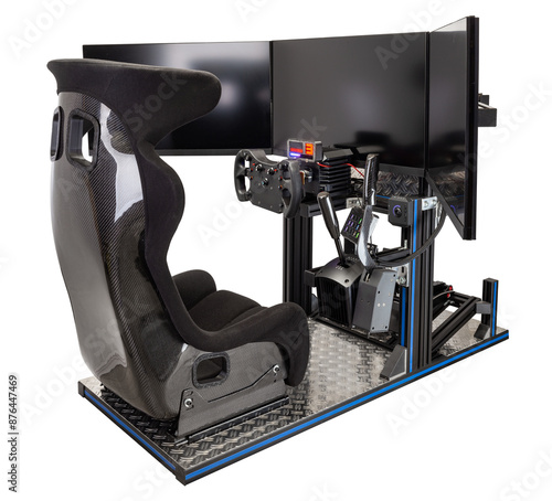 modern high tech sim racing simulator rig with lot of carbon fiber and professional modern gear isolated white background. esports simracing simulation and video game concept photo