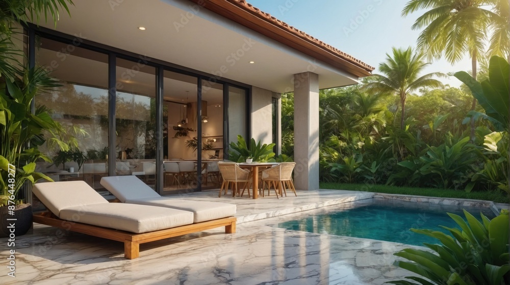 Fototapeta premium Luxury marble terrace around green exotic plants