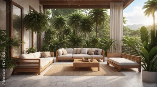 Luxury marble terrace around green exotic plants © Karolina