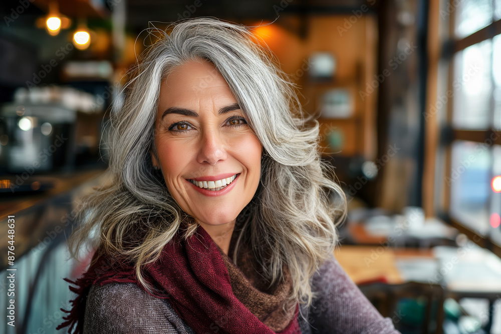Portrait of a smiling older woman with gray hair in a cafe, restaurant. Self-acceptance. Body positive Portrait of a smiling older woman with gray hair in a cafe, restaurant. Self-acceptance. Body positive