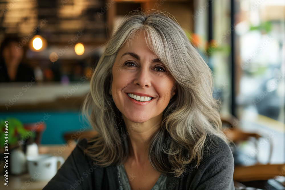 Portrait of a smiling older woman with gray hair in a cafe, restaurant. Self-acceptance. Body positive Portrait of a smiling older woman with gray hair in a cafe, restaurant. Self-acceptance. Body positive