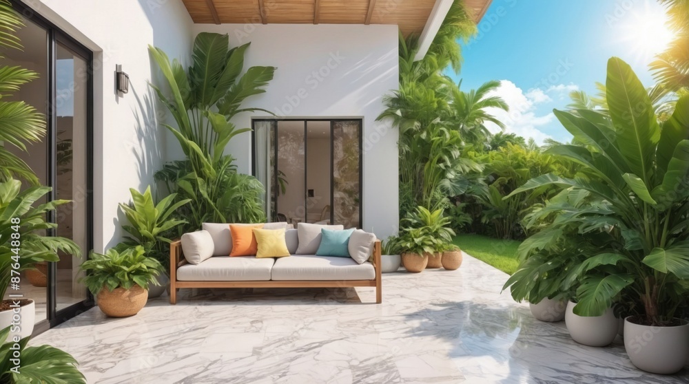 Fototapeta premium Luxury marble terrace around green exotic plants