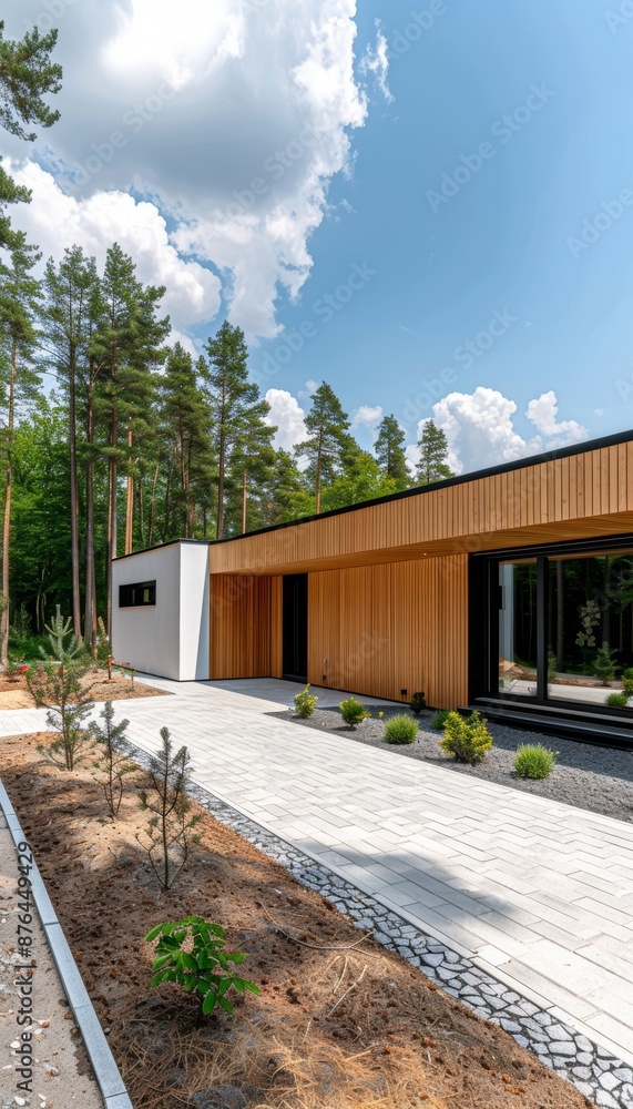 Contemporary cubic house with white walls and timber cladding nestled in a serene forest environment Contemporary cubic house with white walls and timber cladding nestled in a serene forest environment