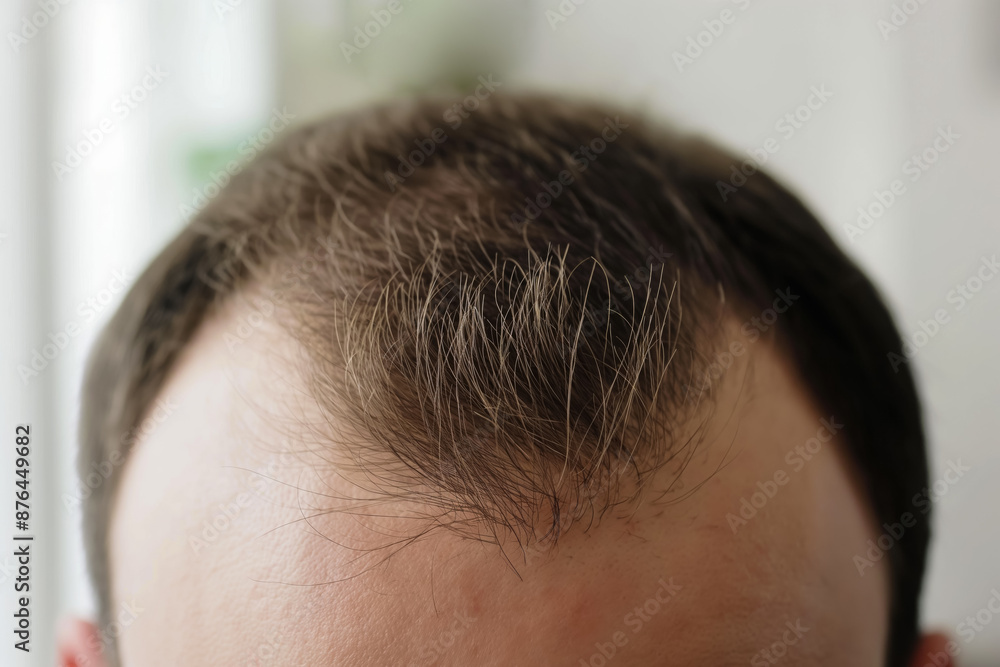 Obraz premium Close-up of a man's head. Hairstyle with receding hairline. Alopecia in men. Self-acceptance, body positivity