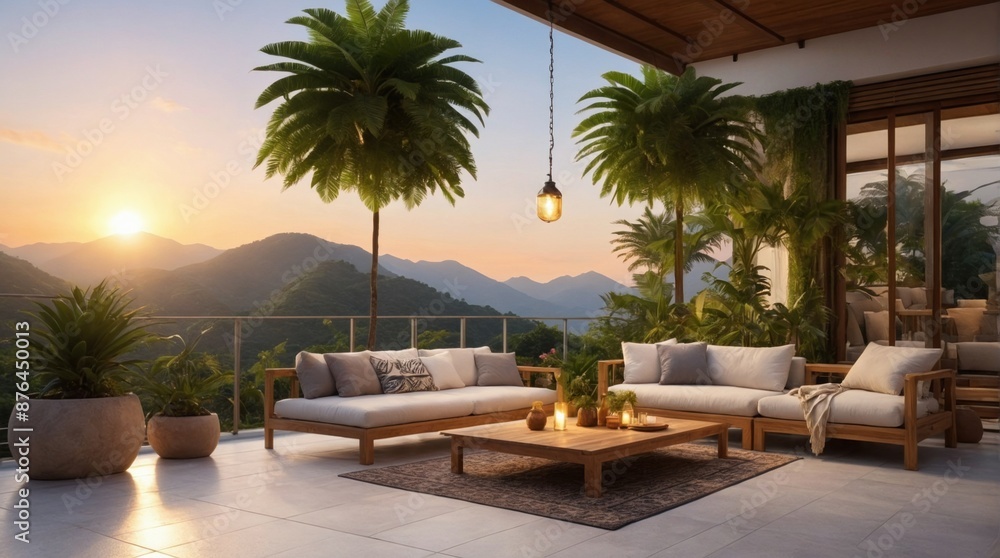 Fototapeta premium Luxury marble terrace around green exotic plants