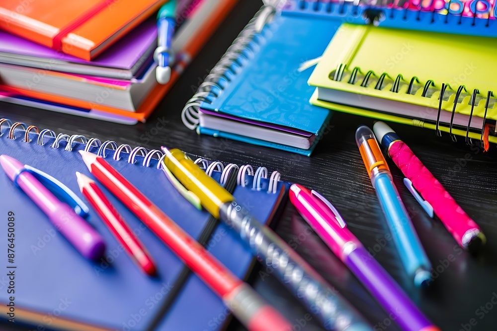 School supplies neatly arranged on a desk, colorful notebooks and pens in view School supplies neatly arranged on a desk, colorful notebooks and pens in view