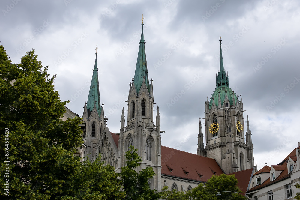 Fototapeta premium Neo-Gothic style St. Paul's Church (Paulskirche) is one of the tallest sacred buildings in Munich. St. Paul Church has a main tower 97 meters high. MUNICH, GERMANY.