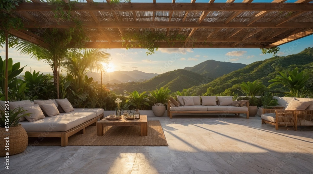 Obraz premium Luxury terrace in exotics, minimalist vintage style