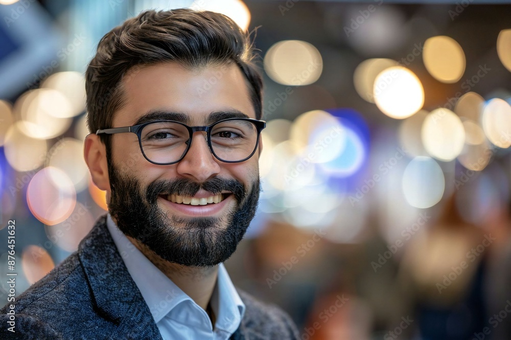 The beautiful businessman with a well-groomed beard and eyeglasses is smiling as he checks CCTV camera footage on his laptop. The beautiful businessman with a well-groomed beard and eyeglasses is smiling as he checks CCTV camera footage on his laptop.