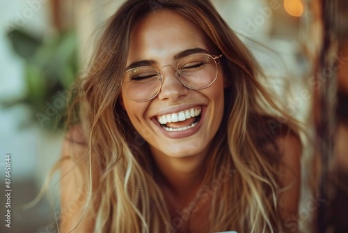 Beautiful woman with long hair, wearing eyeglasses, smiling and laughing, checking budget on tablet with calculator.