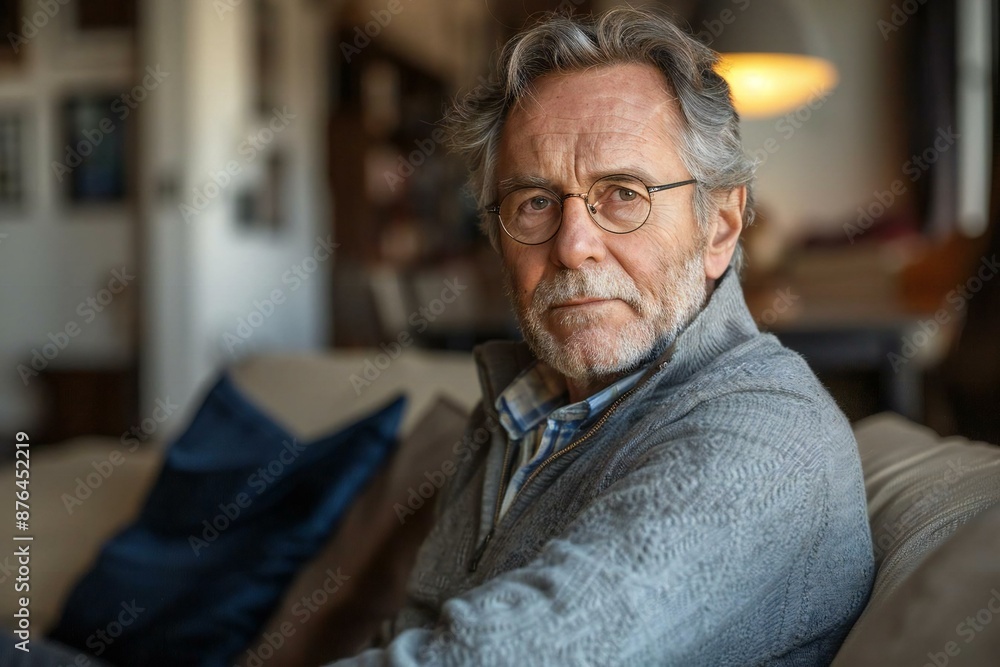 The mature man sitting on the sofa is well-groomed with eyeglasses, suffering from lower back pain. The mature man sitting on the sofa is well-groomed with eyeglasses, suffering from lower back pain.